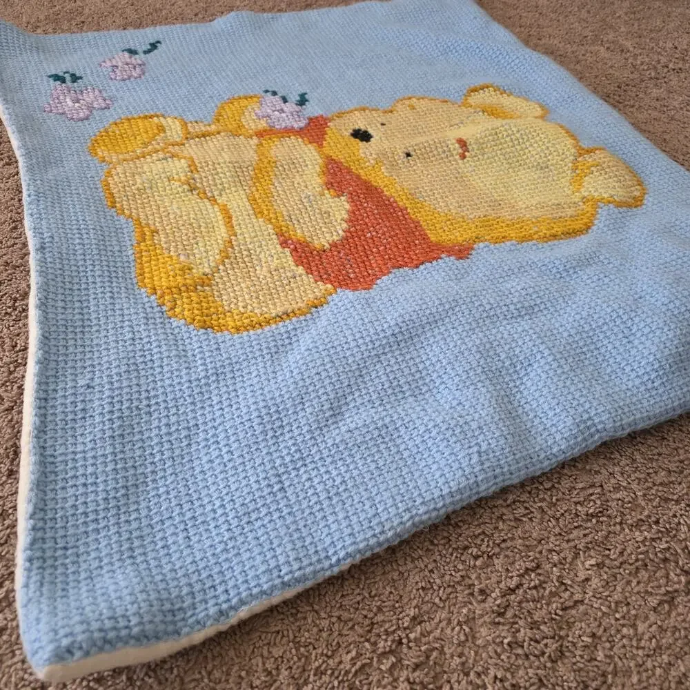 Vintage Crochet Winnie The Pooh Baby Blanket Handmade Y2K 90s Floral Purple Blue